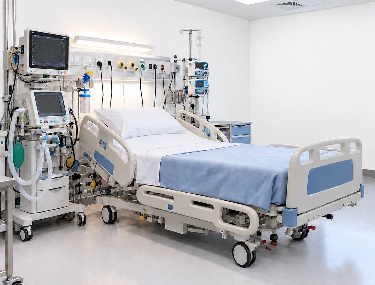 Intensive care unit bed with patient monitors and ventilator